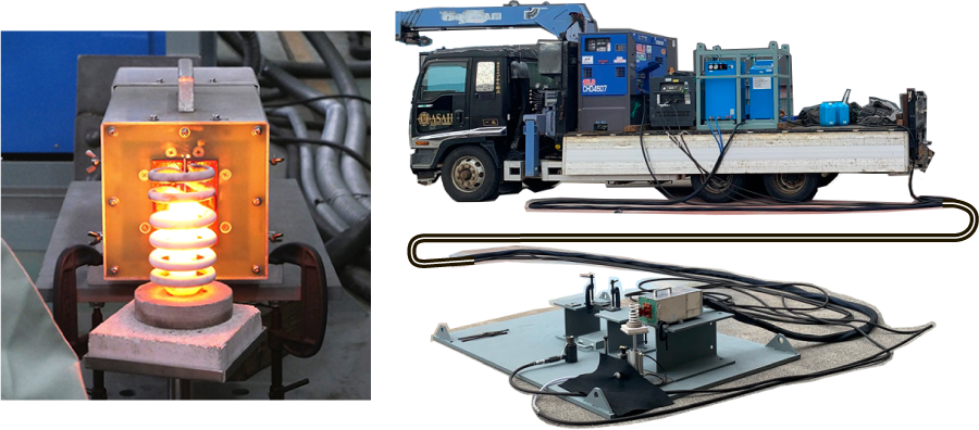 （写真1）高周波誘導加熱法を用いたリベット加熱コイルとユニット化した施工用機材